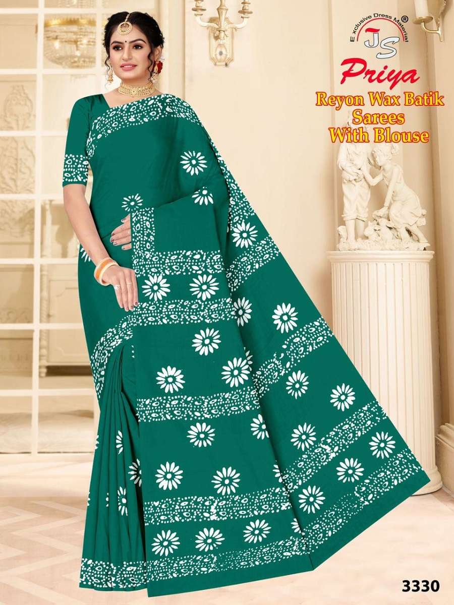 JS PRIYA VOL-1 BY ASLIWHOLESALE 3330 TO 3334 SERIES RAYON PRINTED SAREES