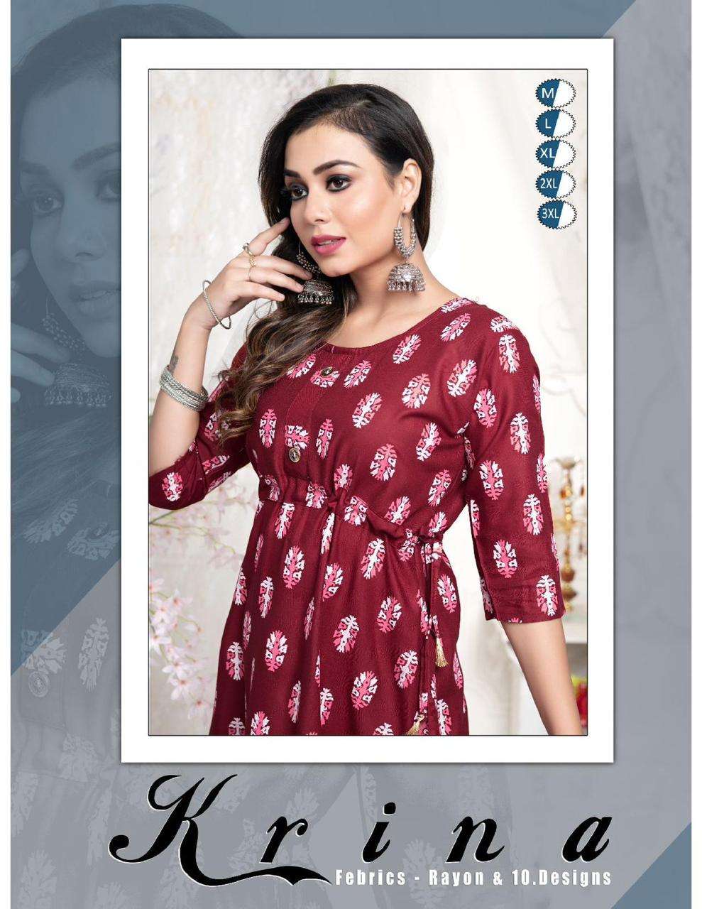 KRINA VOL-1 BY ASLIWHOLESALE 1001 TO 1010 SERIES RAYON PRINT KURTIS