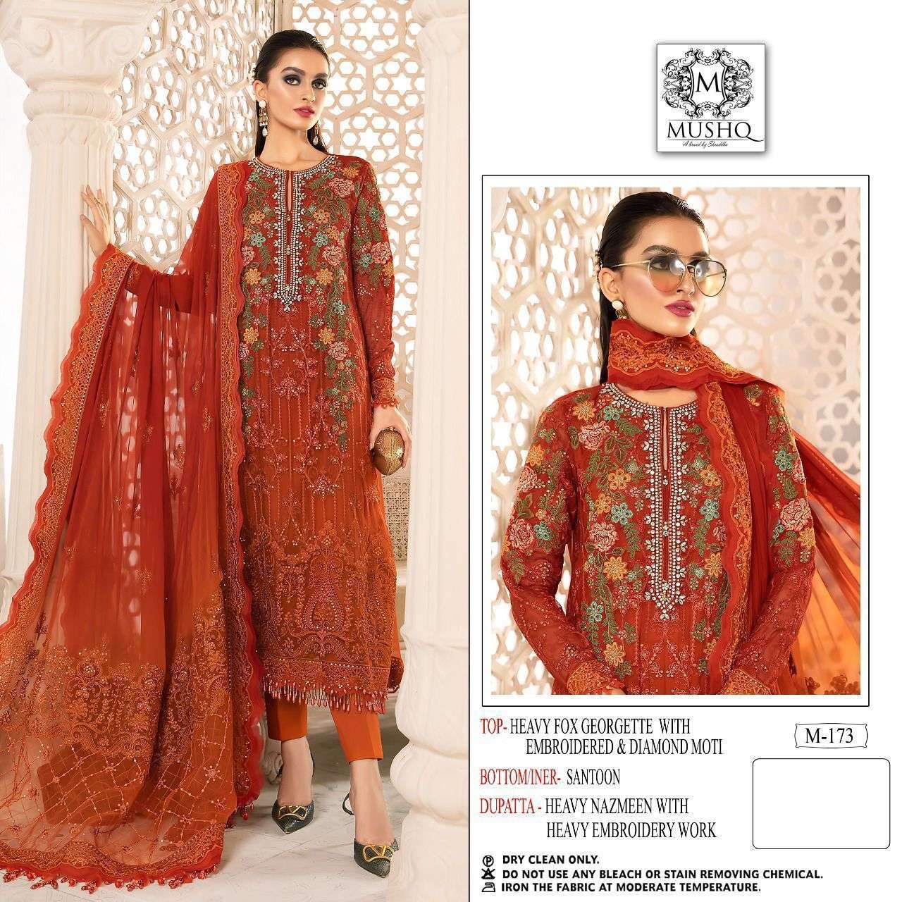 M-173 HIT DESIGN BY MUSHQ HEAVY EMBROIDERED FOX GEROGETTE PAKISTANI DRESSES