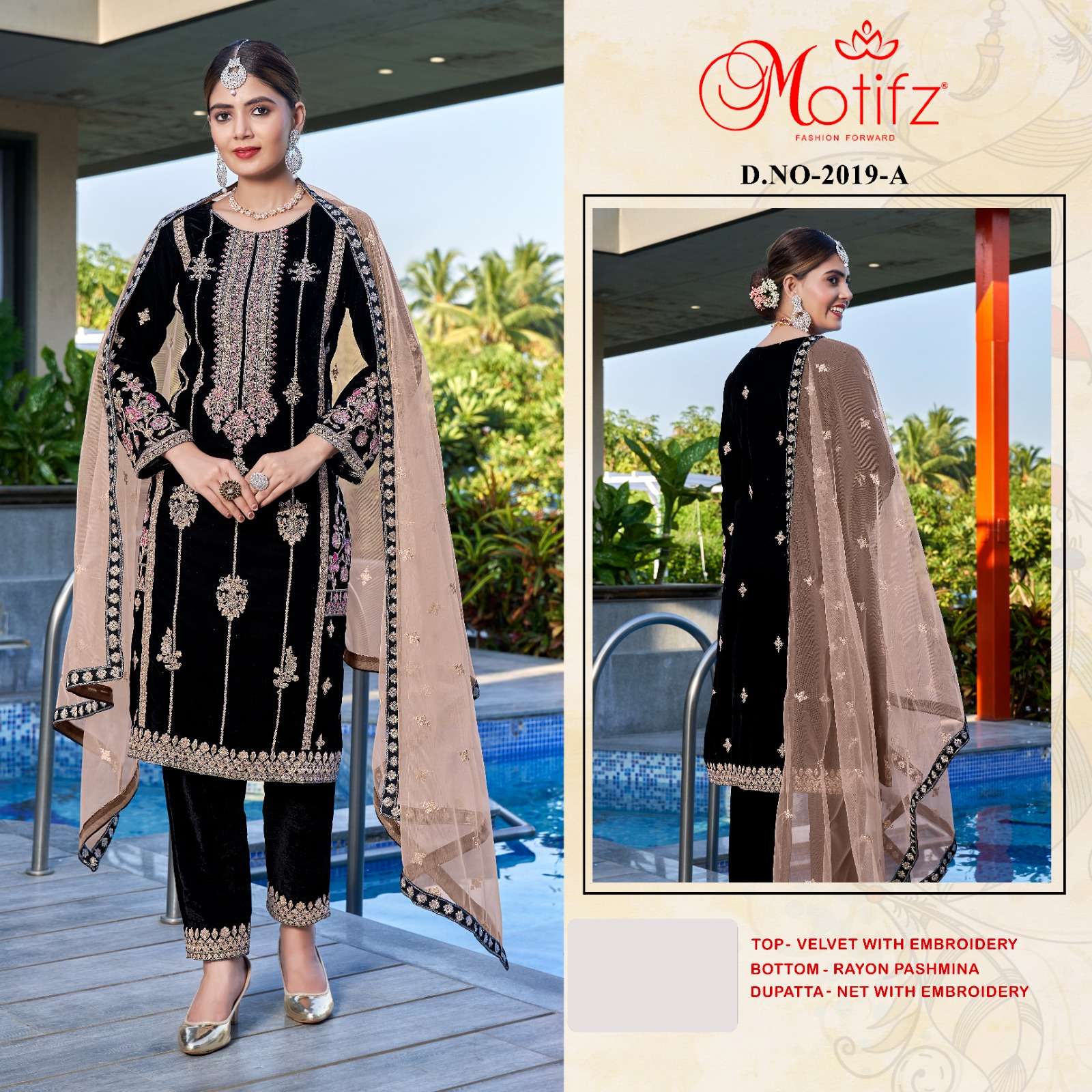 MOTIFZ 2019 COLOURS BY MOTIFZ 2019-A TO 2019-D SERIES VELVET EMBROIDERY DRESSES