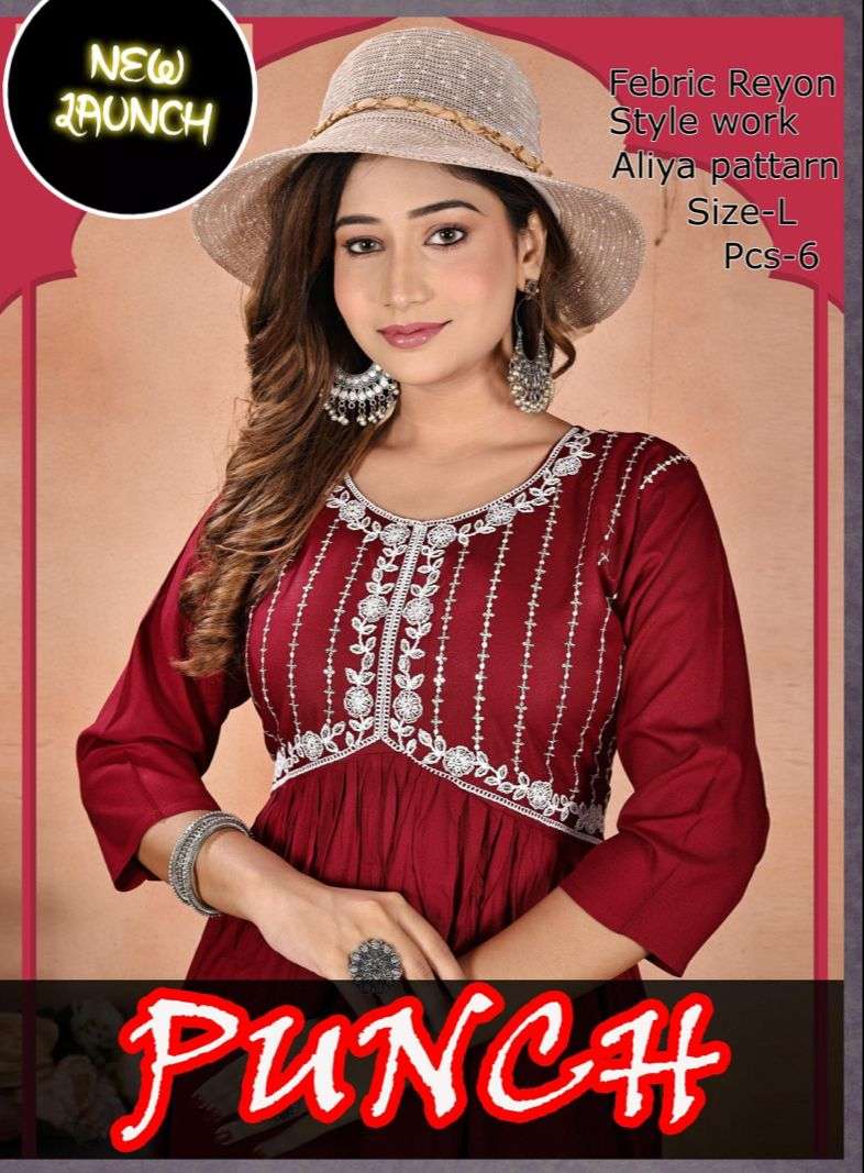 PUNCH VOL-1 BY ASLIWHOLESALE 1001 TO 1006 SERIES FANCY RAYON KURTIS