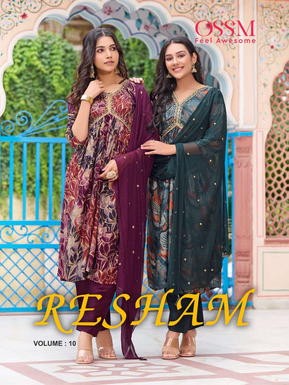 RESHAM VOL-10 BY OSSM 1001 TO 1006 SERIES CHANDERI EMBROIDERY STITCHED DRESSES