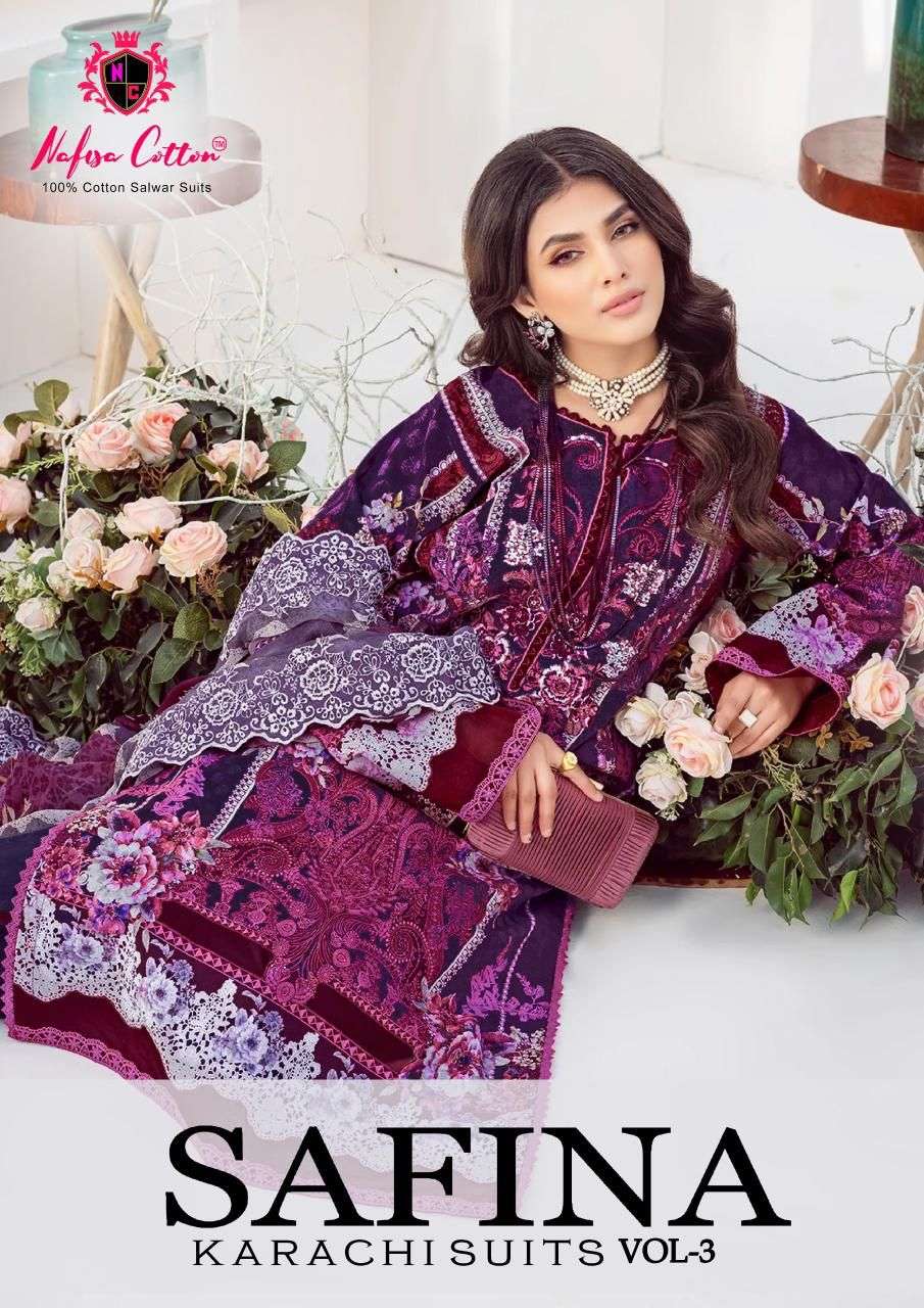 SAFINA KARACHI SUITS VOL-3 BY NAFISA COTTON 3001 TO 3006 SERIES COTTON DRESSES