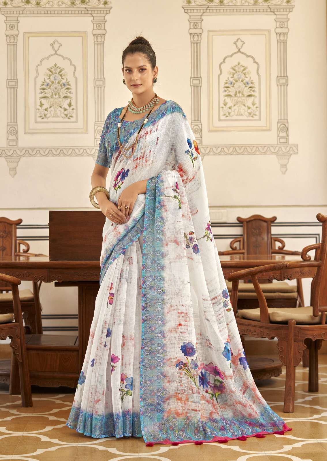 WHITE HOUSE BY ASLIWHOLESALE DESIGNER SOFT SILK LINEN SILVER SAREES