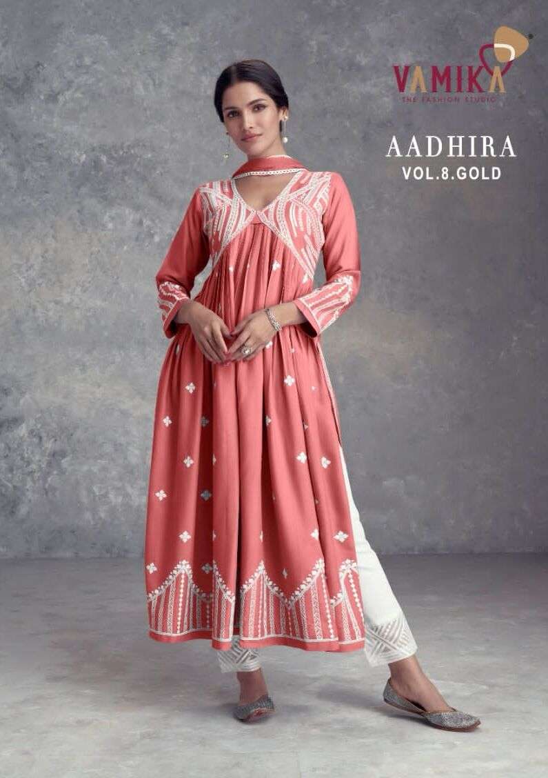 AADHIRA VOL-8 GOLD BY VAMIKA 1110-F TO 1110-J SERIES RAYON VISCOSE LUCKNOWI DRESSES