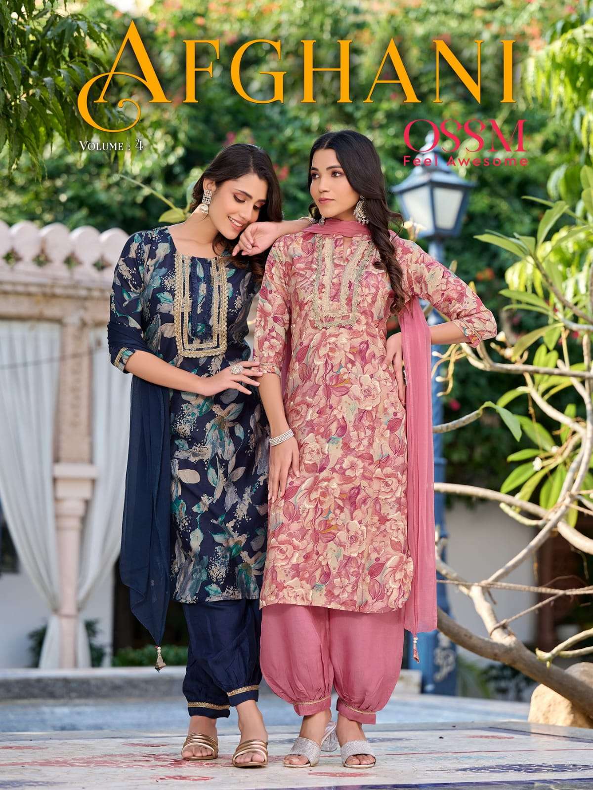 AFGHANI VOL-04 BY OSSM 401 TO 406 SERIES CHANDERI EMBROIDERY STITCHED DRESSES