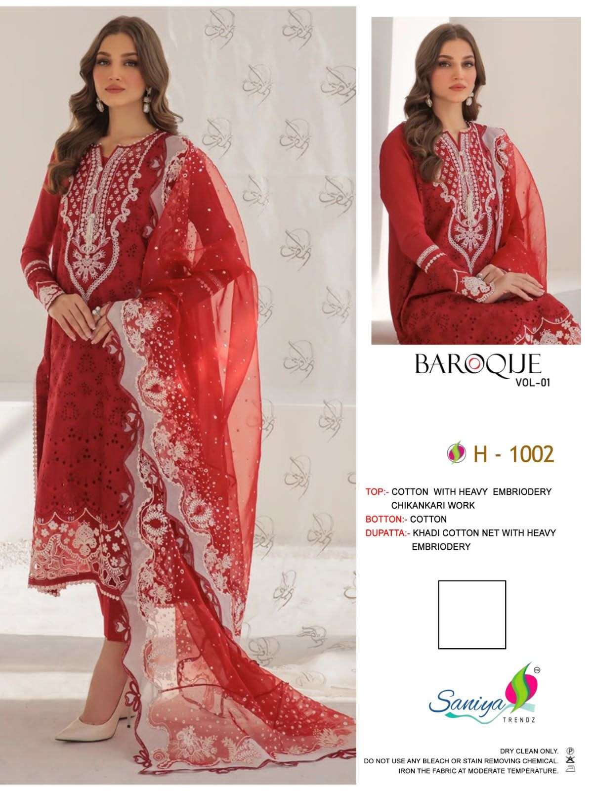 BAROQUE 1002 BY SANIYA TRENDZ COTTON WITH CHIKANKARI PAKISTANI DRESSES