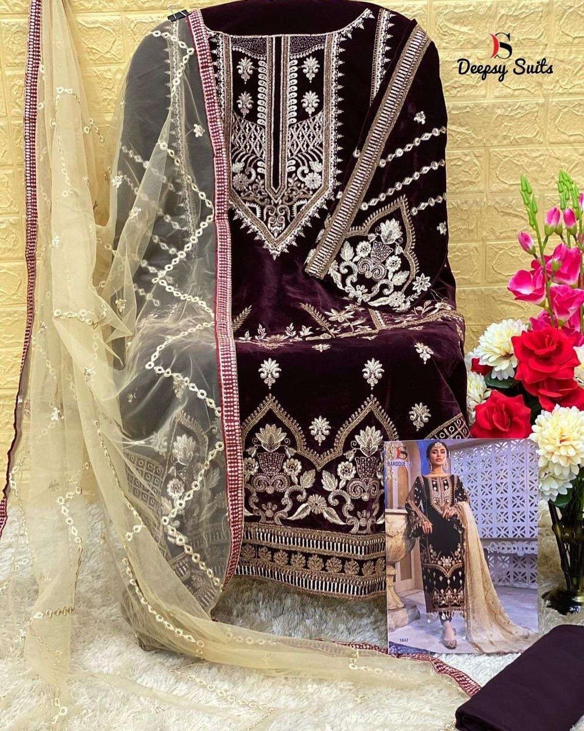 D-1842-1844 BY DEEPSY SUITS DESIGNER VELVET EMBROIDERY DRESSES