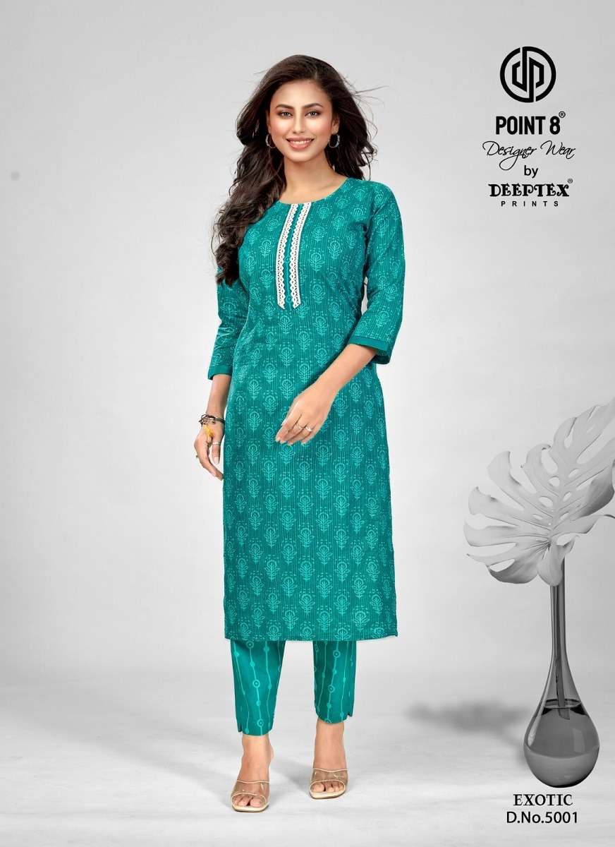 EXOTIC VOL-5 BY DEEPTEX 5001 TO 5008 SERIES COTTON PRINT KURTI & PANTS