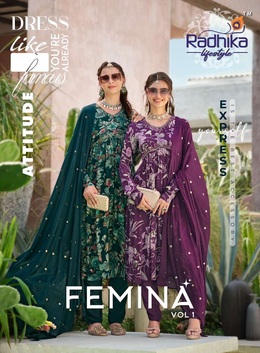 FEMINA VOL-1 BY RADHIKA LIFESTYLE 1001 TO 1006 SERIES CHINON STITCHED DRESSES