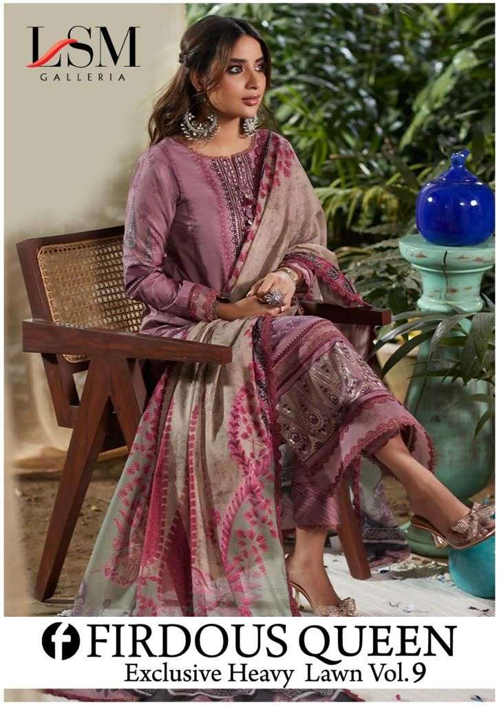 FIRDOUS QUEEN VOL-09 BY LSM GALLERIA 91 TO 96 SERIES PURE LAWN PRINT PAKISTANI DRESSES