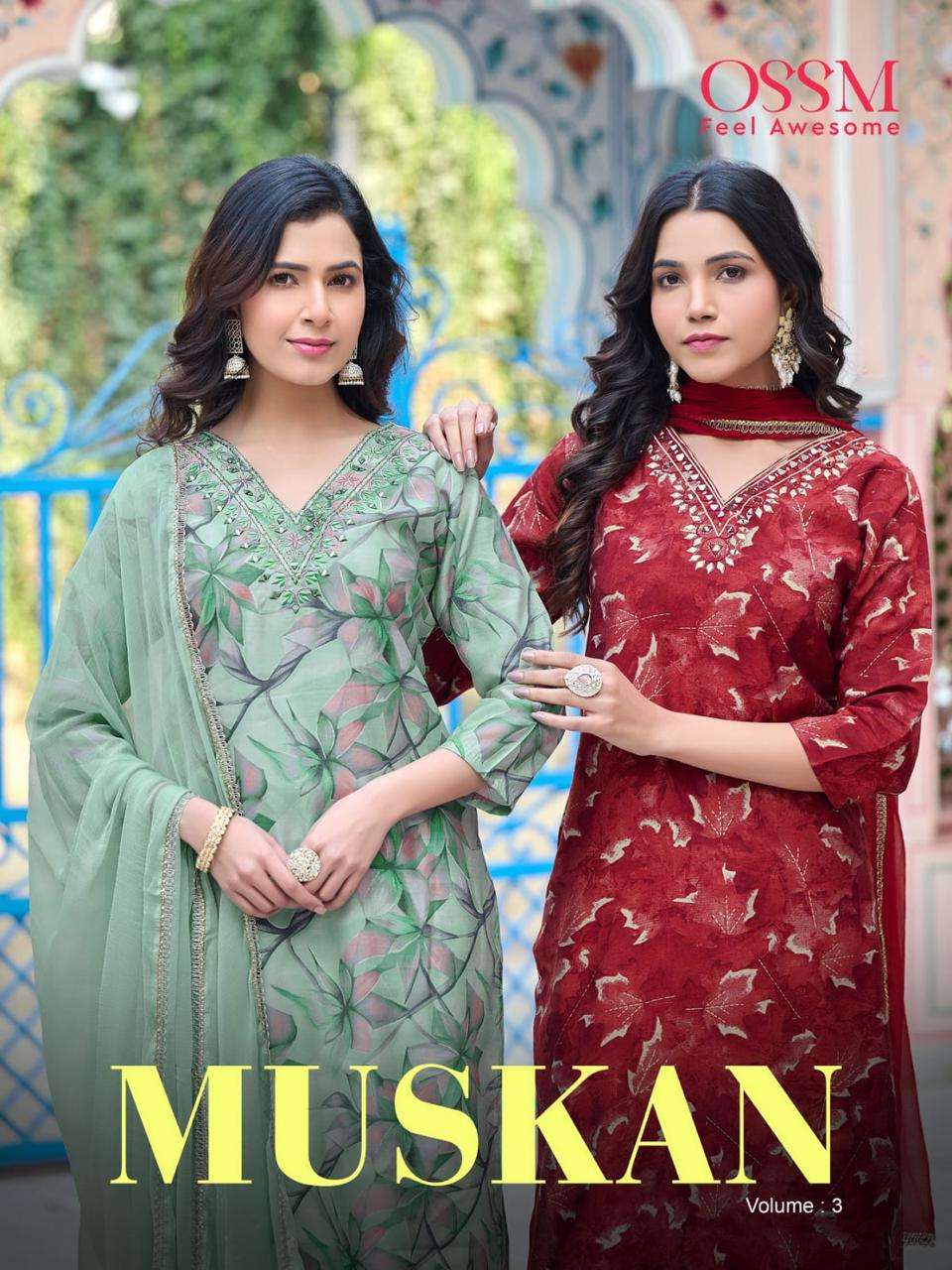 MUSKAN VOL-3 BY OSSM 301 TO 306 SERIES CHANDERI EMBROIDERY STITCHED DRESSES