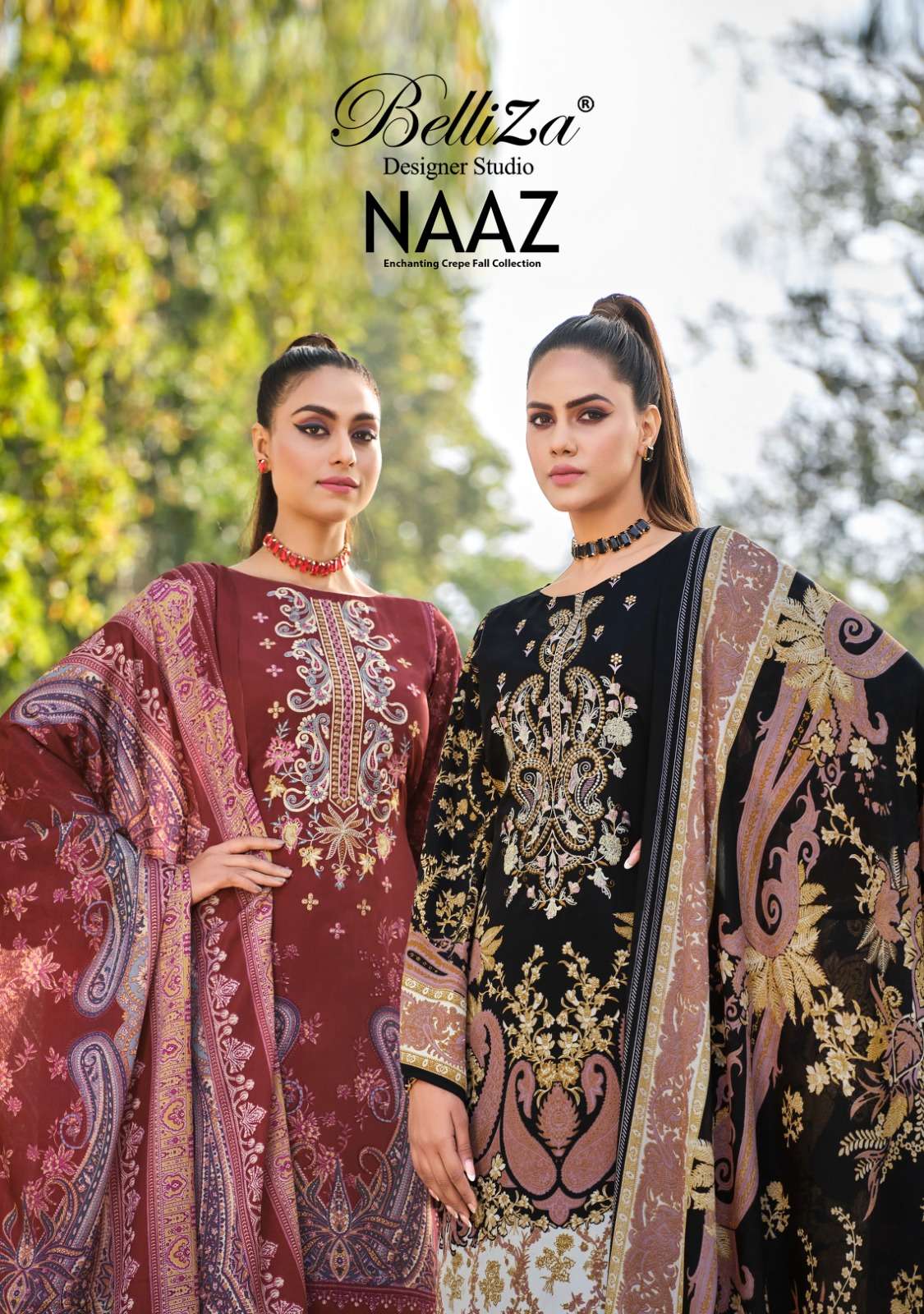 NAAZ BY BELLIZA 835-001 TO 835-008 SERIES PURE CREPE SELF EMBROIDERY DRESSES