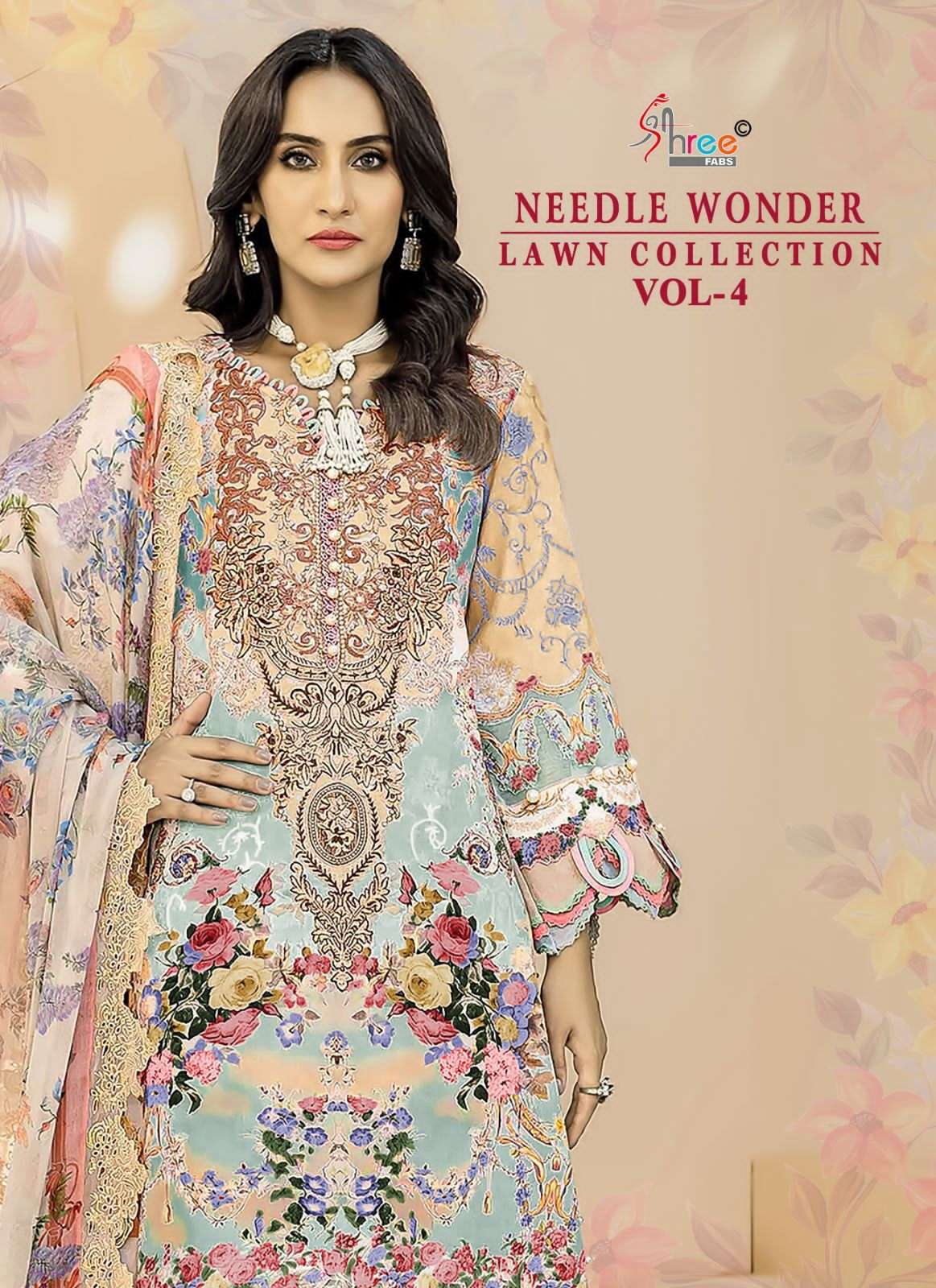 NEEDLE WONDER LAWN VOL-4 BY SHREE FABS 3384 TO 3389 SERIES LAWN COTTON DRESSES