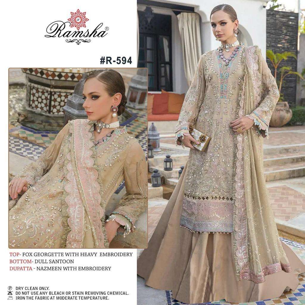 R-594 HIT DESIGN BY RAMSHA HEAVY EMBROIDERED GEORGETTE PAKISTANI DRESSES