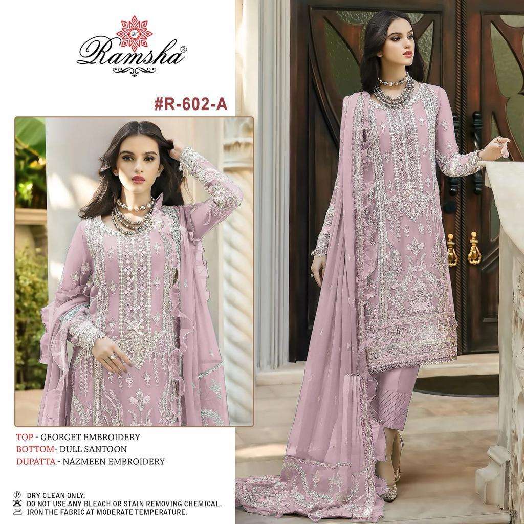 R-602 COLOURS BY RAMSHA HEAVY EMBROIDERED GEORGETTE PAKISTANI DRESSES