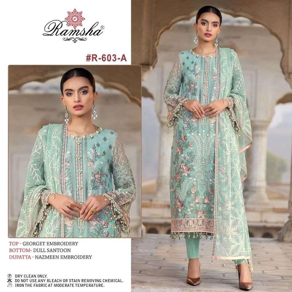 R-603 COLOURS BY RAMSHA HEAVY EMBROIDERED GEORGETTE PAKISTANI DRESSES