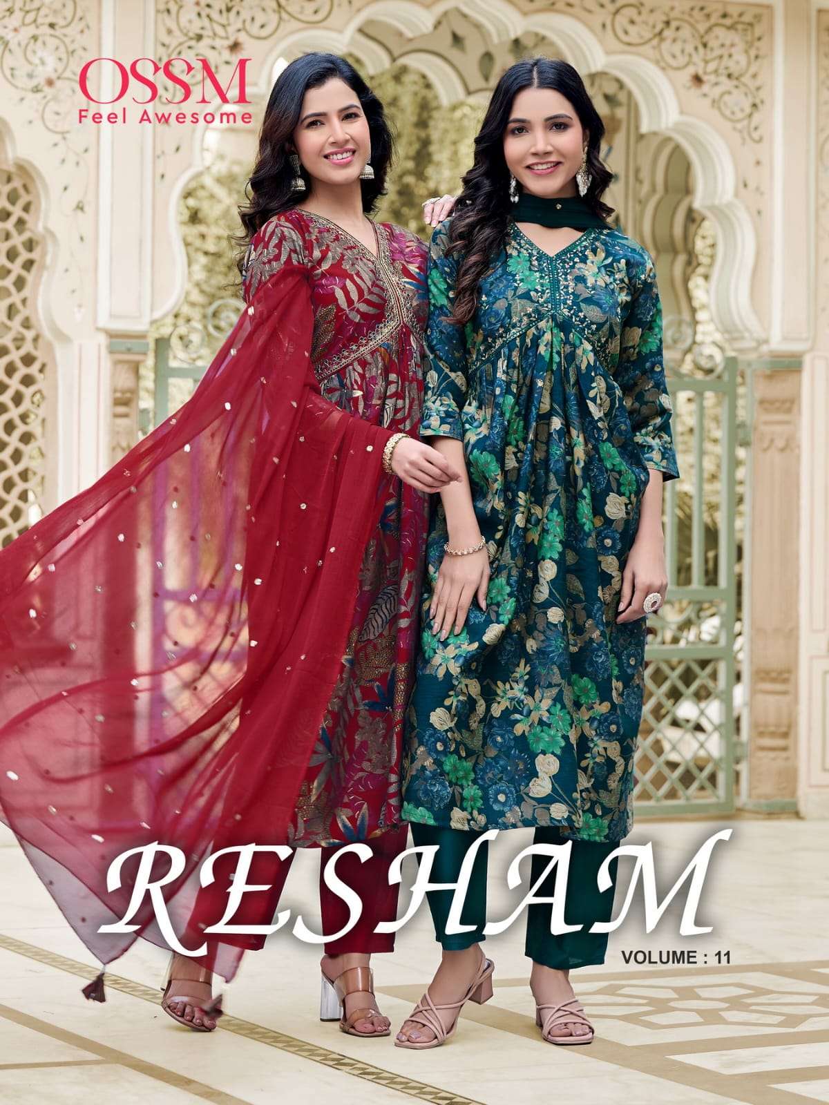 RESHAM VOL-11 BY OSSM 1101 TO 1106 SERIES CHANDERI EMBROIDERY DRESSES