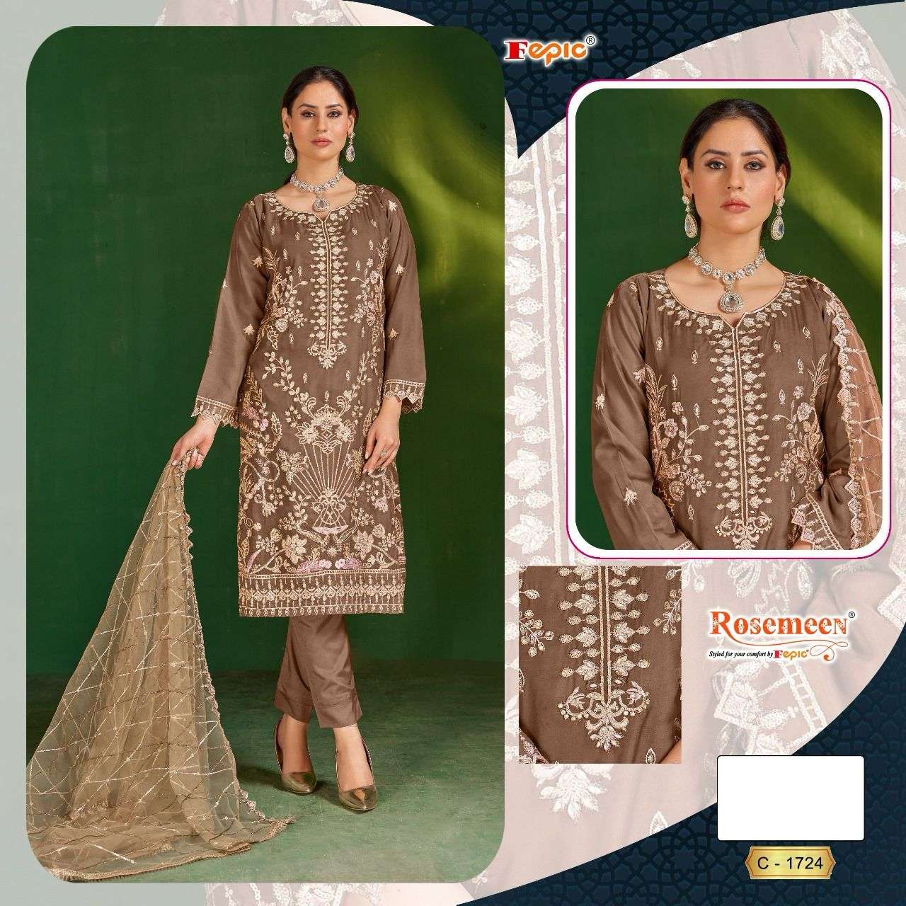 ROSEMEEN C-1724 BY FEPIC DESIGNER ORGANZA EMBROIDERY PAKISTANI DRESS