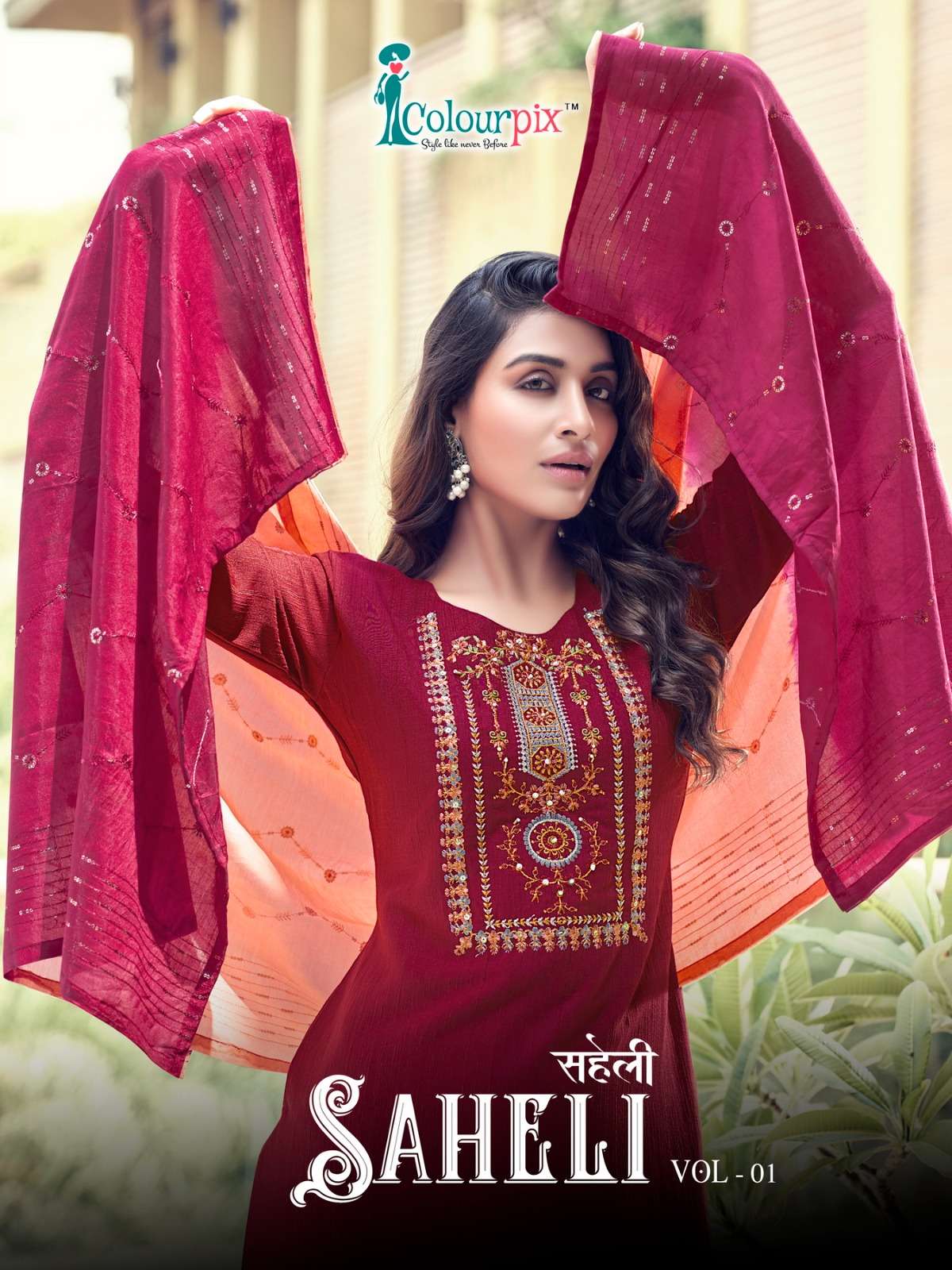 SAHELI VOL-01 BY COLOURPIX 1001 TO 1006 SERIES VISCOSE WORK STITCHED DRESSES