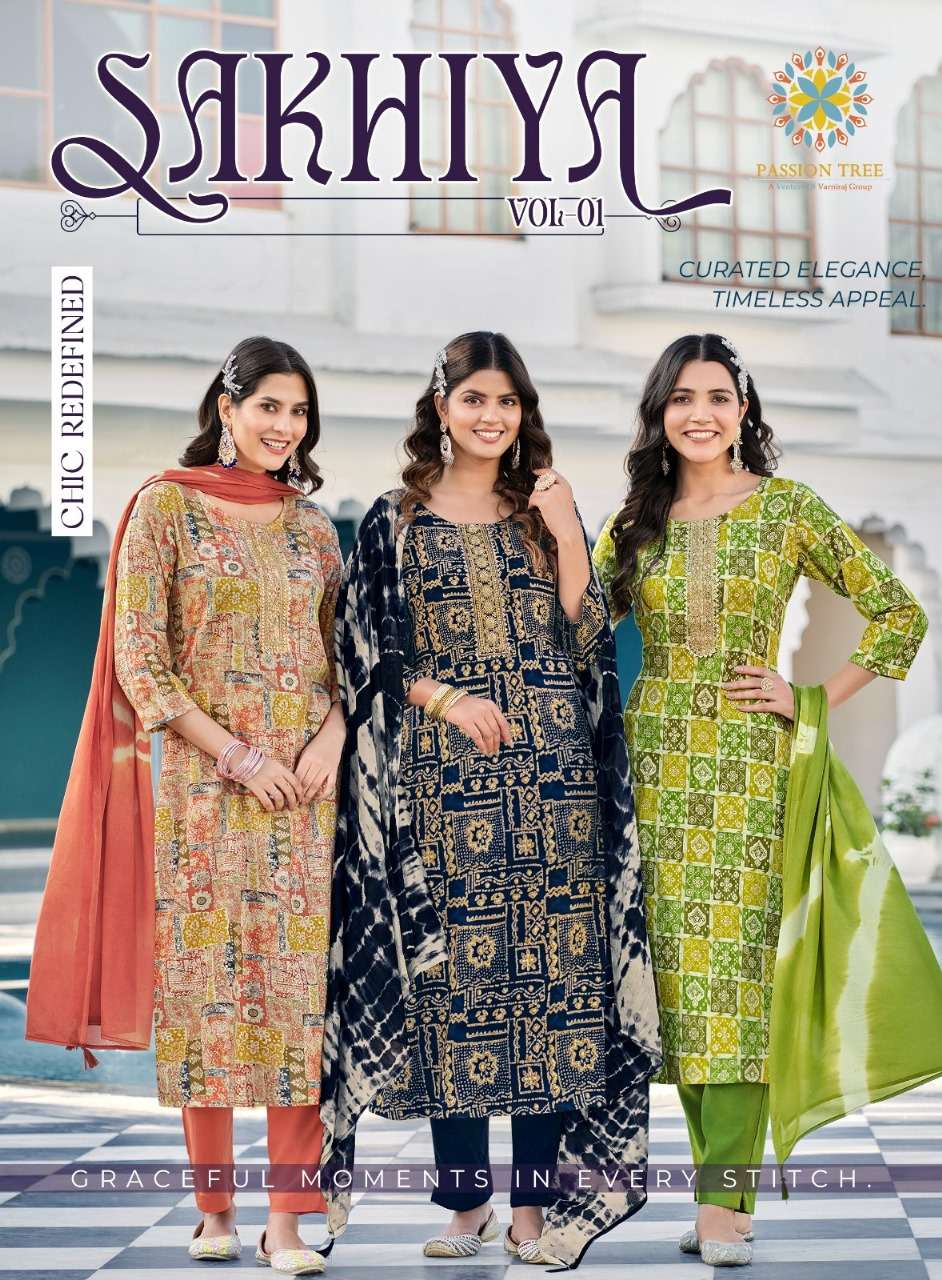 SAKHIYA VOL-1 BY PASSION TREE 1001 TO 1008 SERIES RAYON PRINT DRESSES