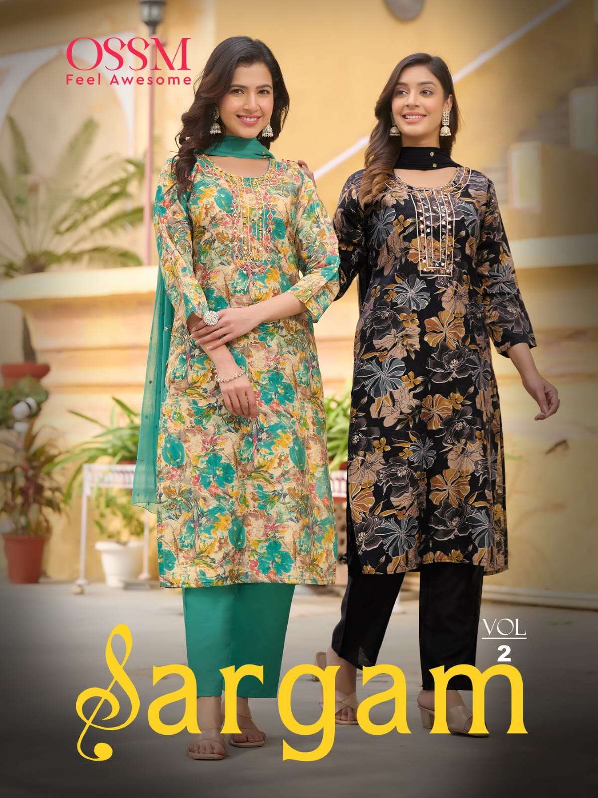 SARGAM VOL-2 BY OSSM 201 TO 206 SERIES CHANDERI EMBROIDERY STITCHED DRESSES