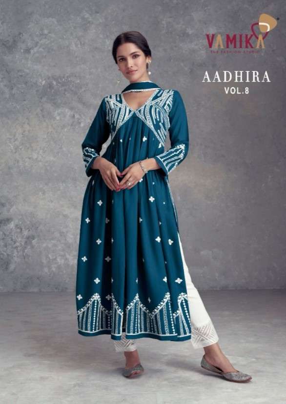 AADHIRA VOL-8 BY VAMIKA 1110-A TO 1110-E SERIES RAYON VISCOSE LUCKNOWI DRESSES