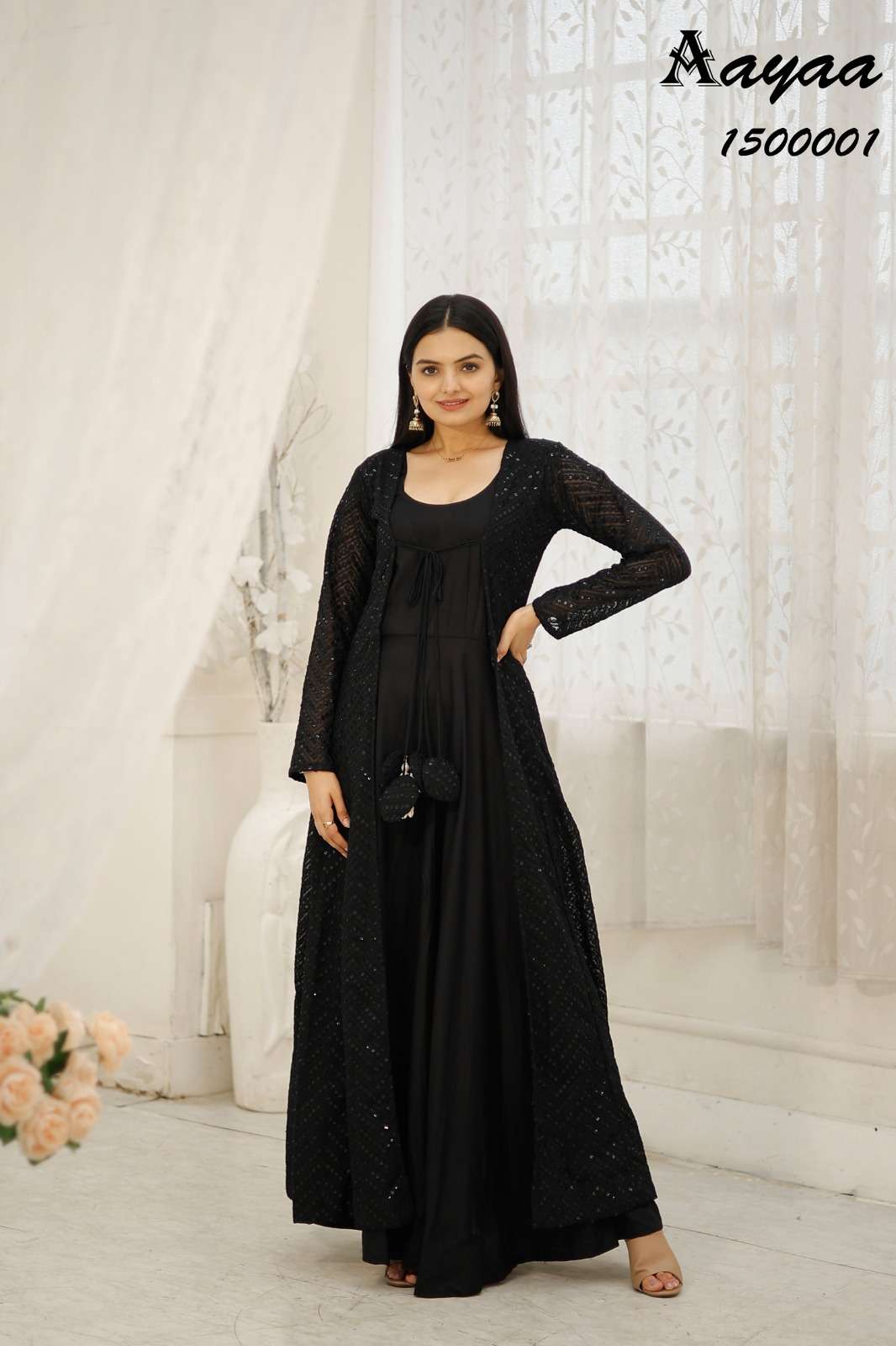 AAYAA VOL-15 BY ASLIWHOLESALE 150001 TO 150003 SERIES RAYON GOWNS GEORGETTE SHRUG