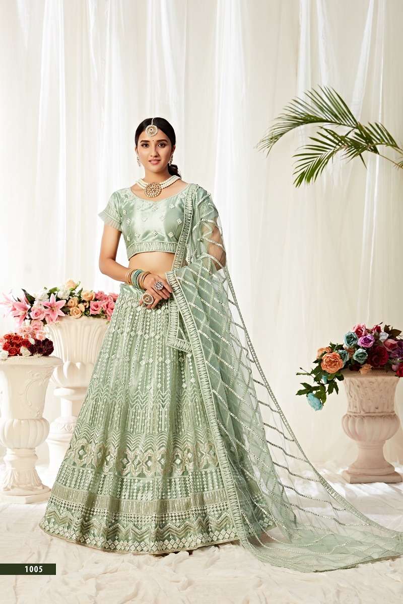 AGNILEKHA 1005 PISTA BY AAWIYA DESIGNER SOFT NET HEAVY LEHENGAS