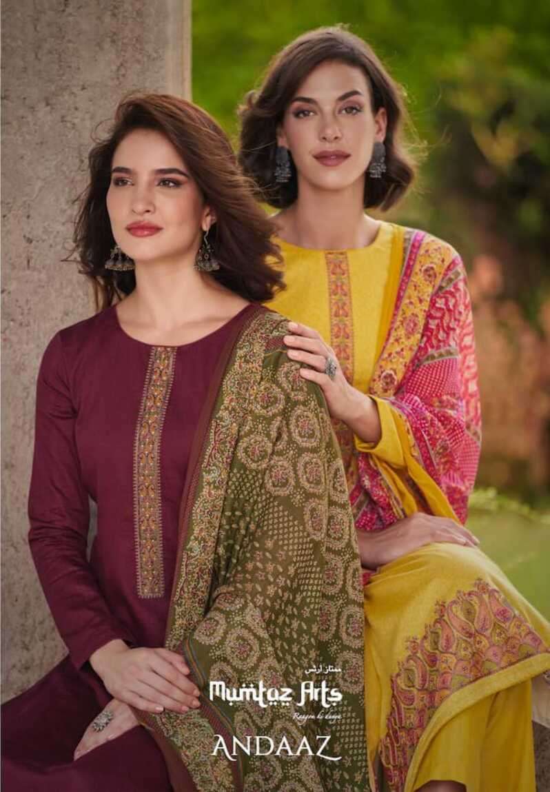 ANDAAZ BY MUMTAZ ARTS 31001 TO 31009 SERIES JAM SATIN PRINT EMBROIDERY DRESSES