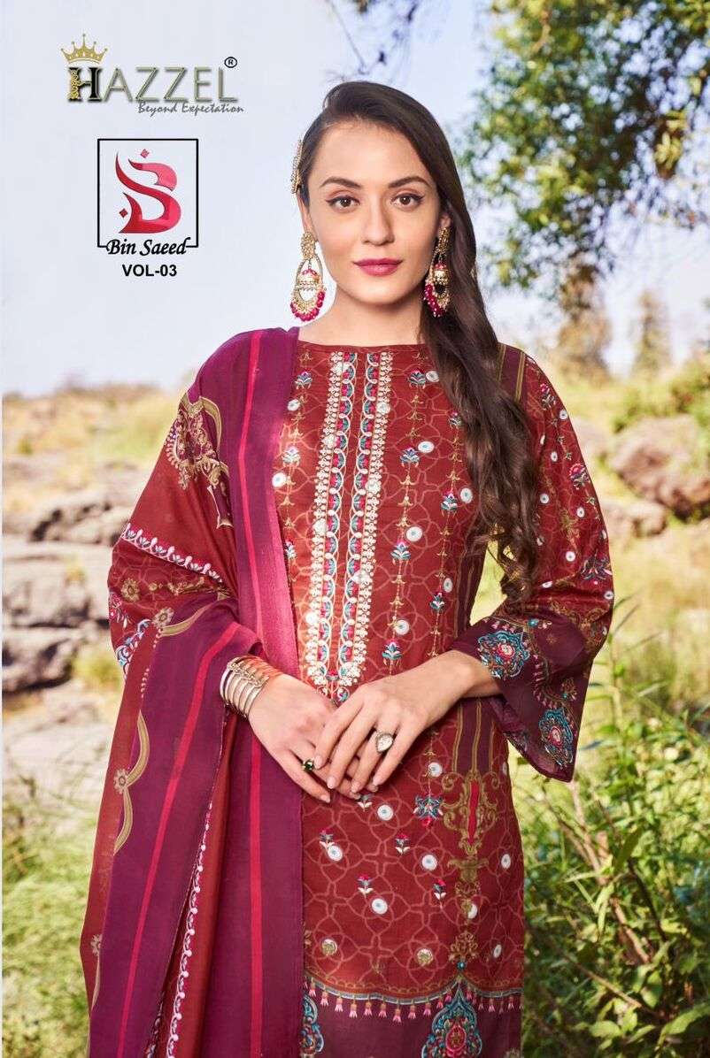 BIN SAEED VOL-03 BY HAZZEL HEAVY LAWN COTTON PRINT WORK PAKISTANI DRESSES