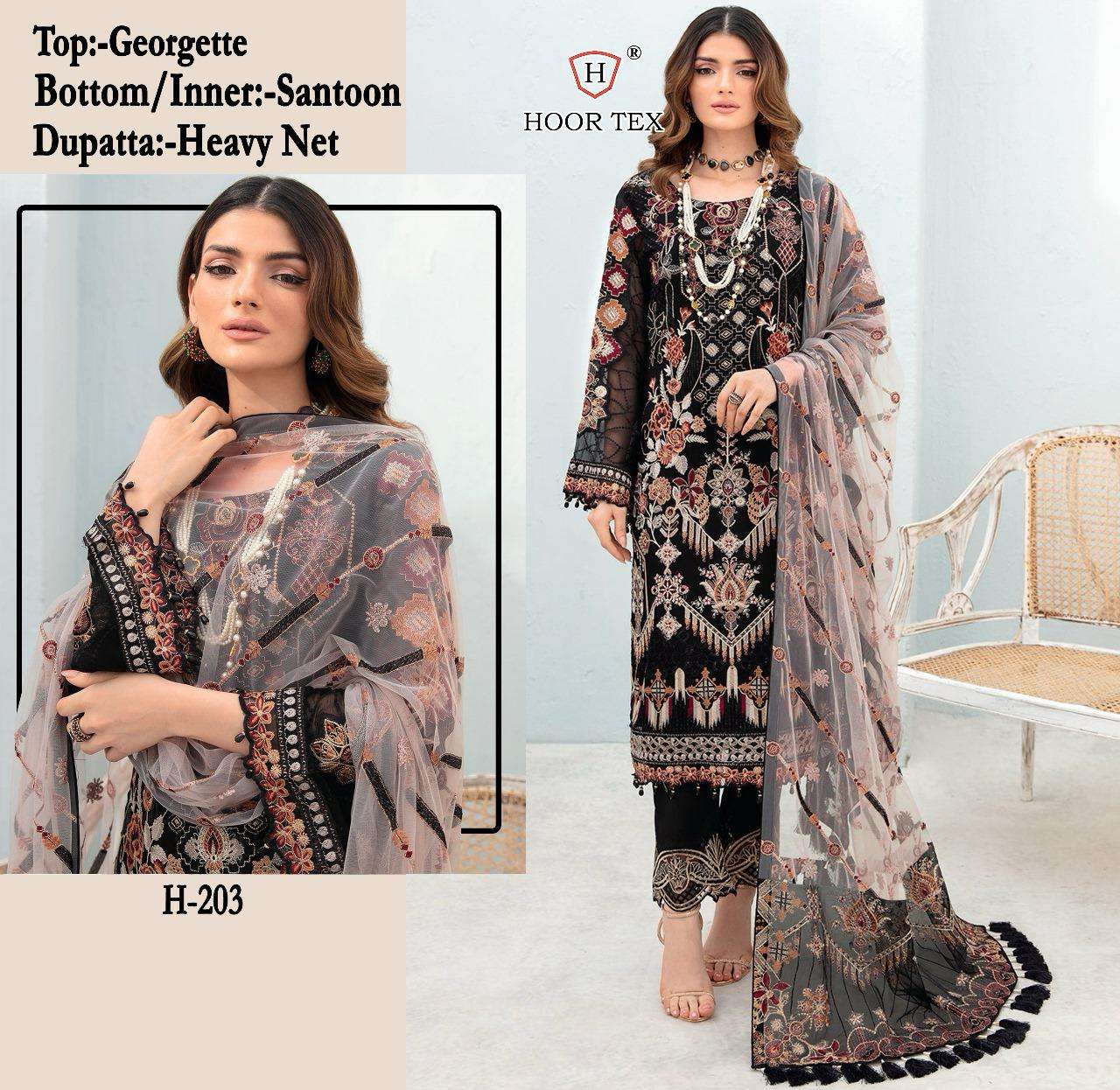 H-203 HIT DESIGN BY HOOR TEX FAUX GEORGETTE EMBROIDERED PAKISTANI DRESS