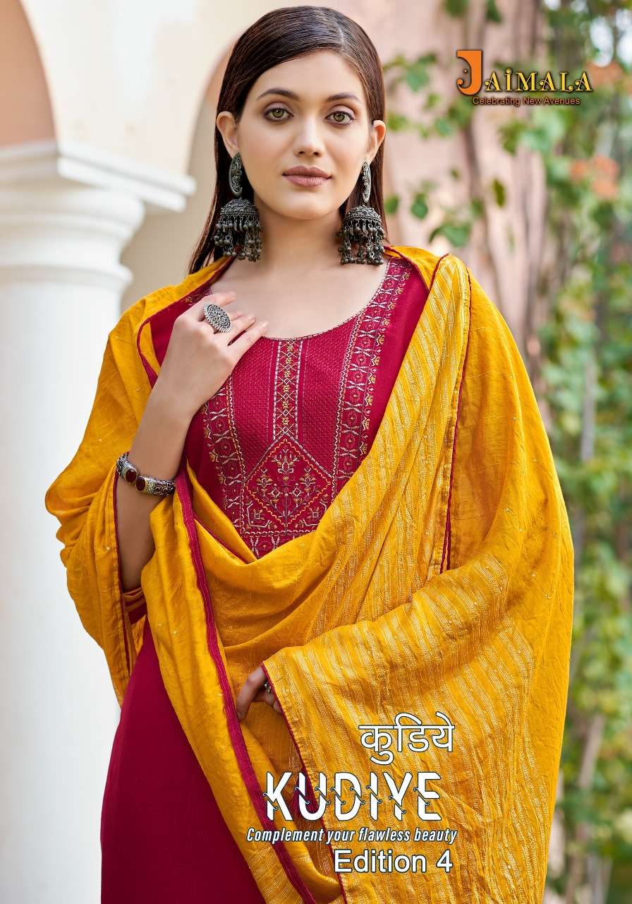 JAIMALA KUDIYE VOL-04 BY ALOK SUIT 1139-001 TO 1139-006 SERIES RAYON EMBROIDERY DRESSES