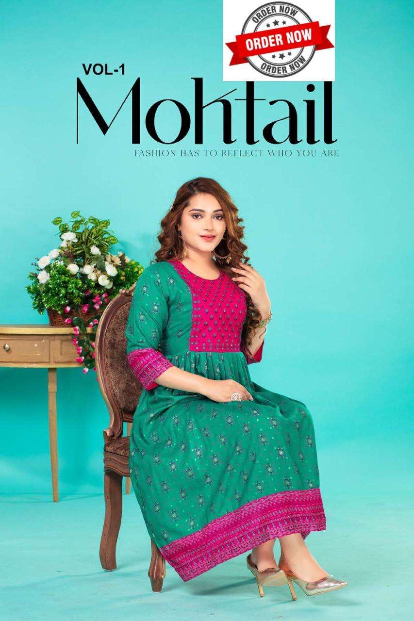 MOKTAIL BY ASLIWHOLESALE 001 TO 006 SERIES DESIGNER RAYON PRINT KURTIS