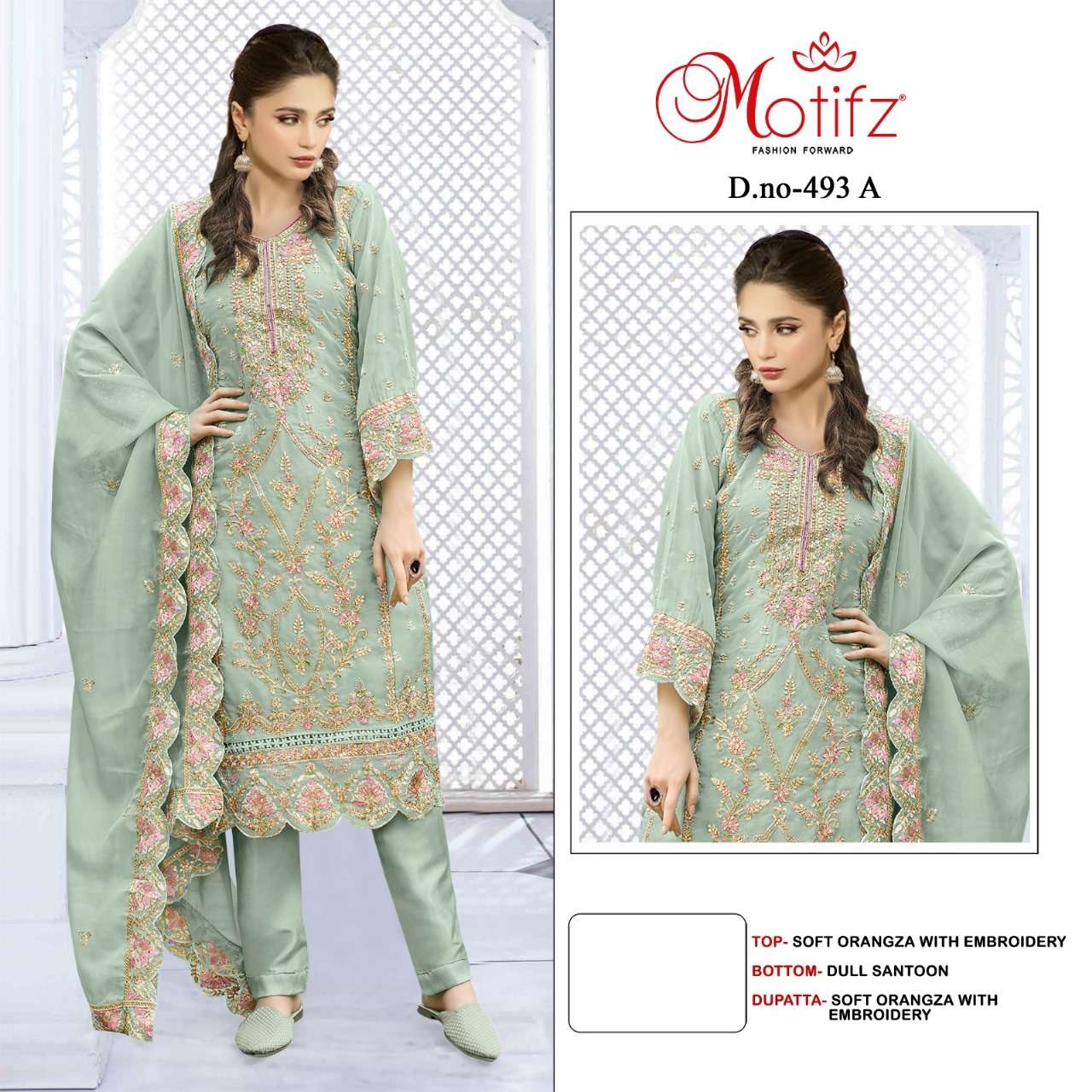 MOTIFZ 493 COLOURS BY MOTIFZ DESIGNER ORGANZA EMBROIDERY PAKISTANI DRESSES