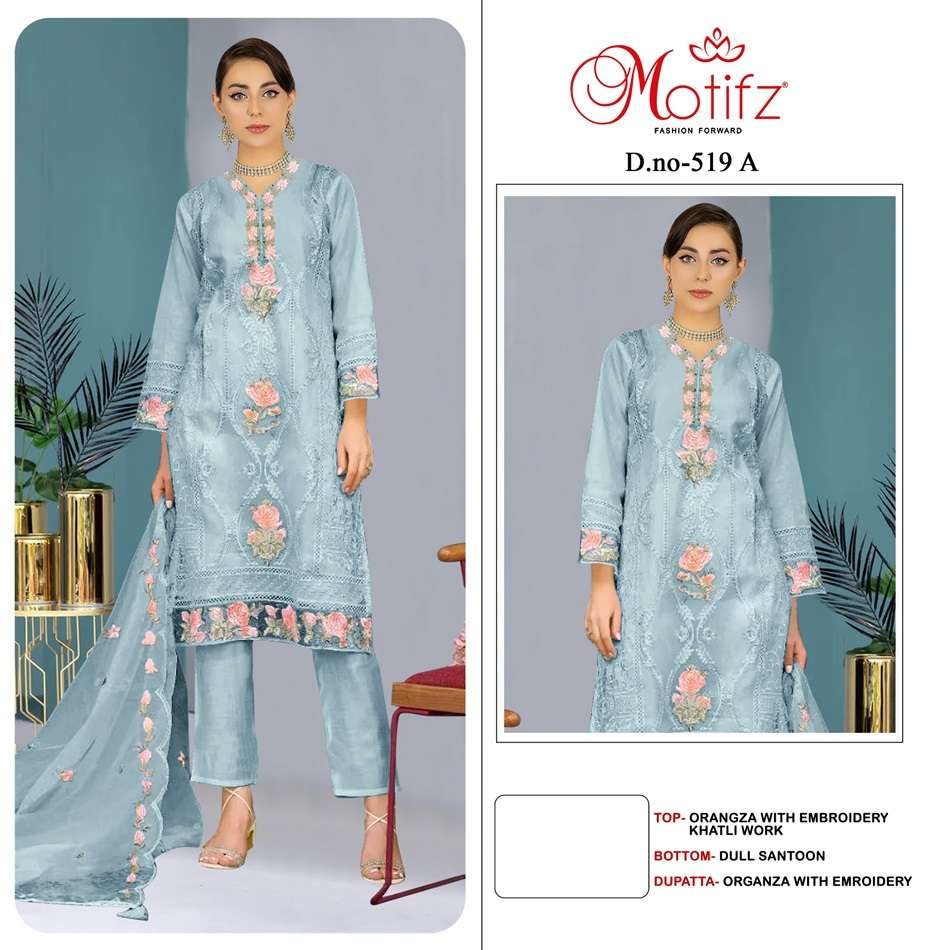 MOTIFZ 519 COLOURS BY MOTIFZ DESIGNER ORGANZA EMBROIDERY PAKISTANI DRESSES