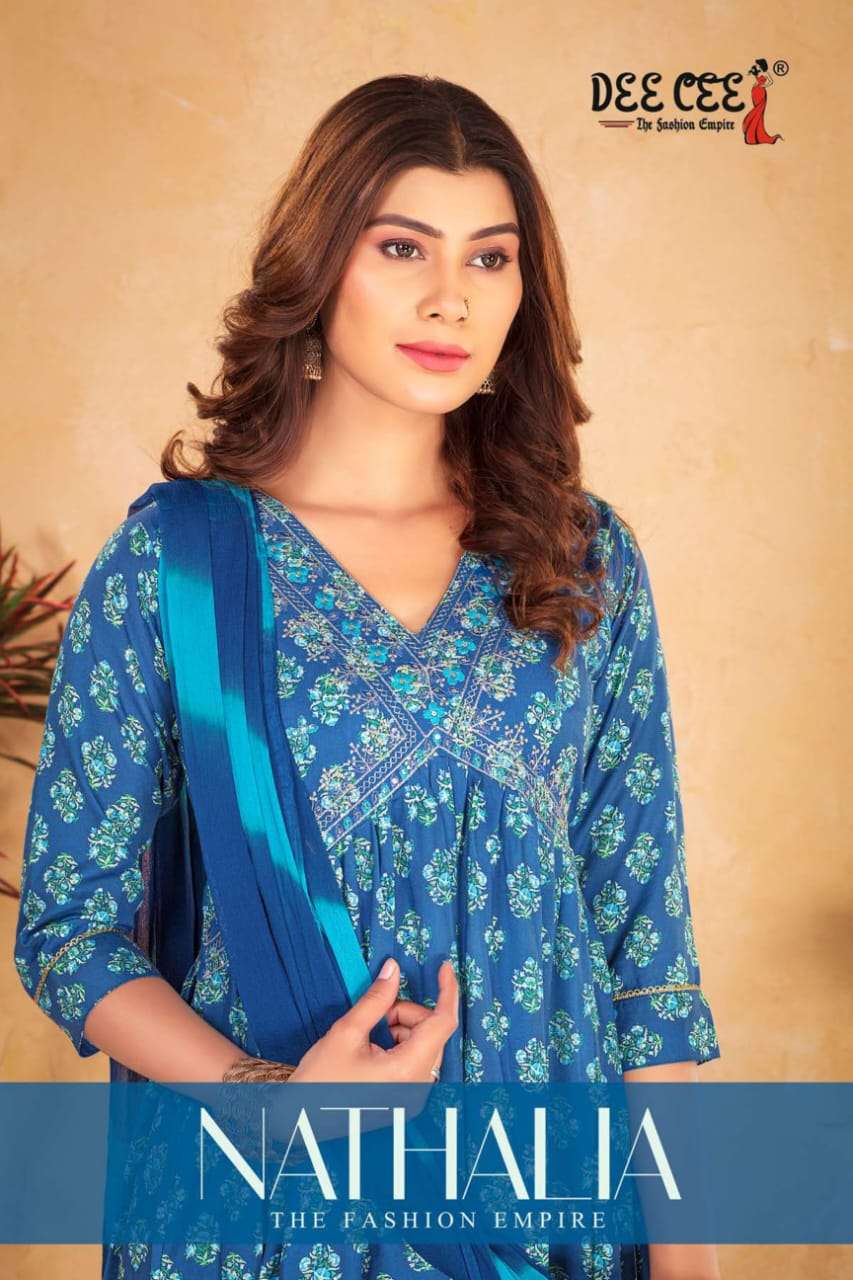 NATHALIA BY DEE CEE 1001 TO 1006 SERIES DESIGNER CHANDERI PRINT DRESSES