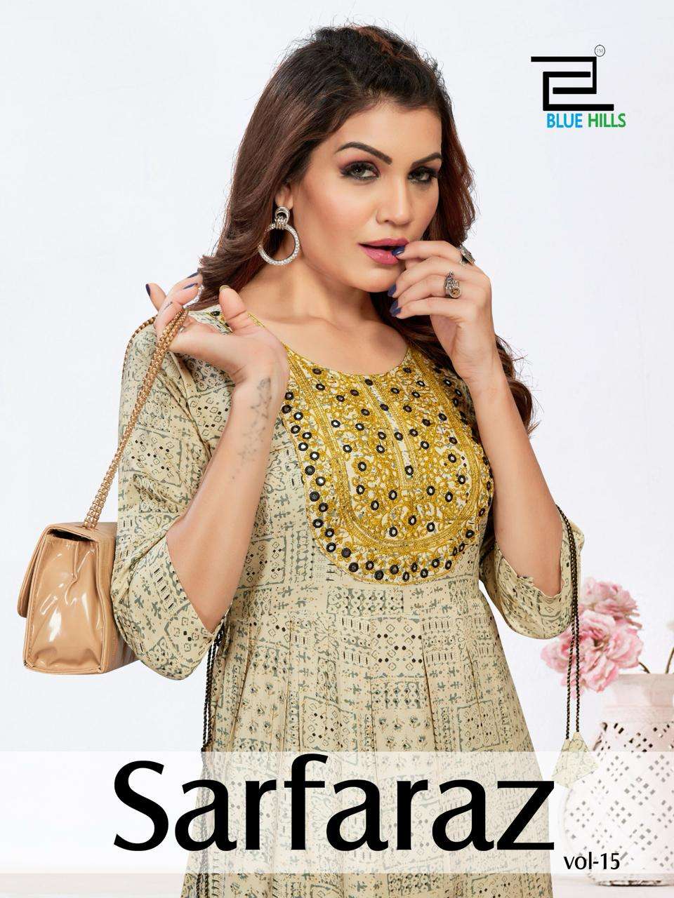 SARFARAZ VOL-15 BY BLUE HILLS FACNY HEAVY 14KG RAYON EMBROIDERY WORK KURTIS