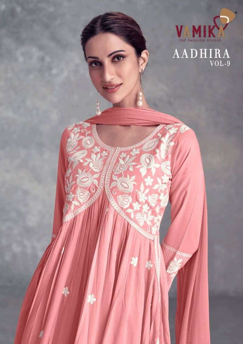 AADHIRA VOL-9 BY VAMIKA 1111-A TO 1111-E SERIES RAYON VISCOSE LUCKNOWI DRESSES