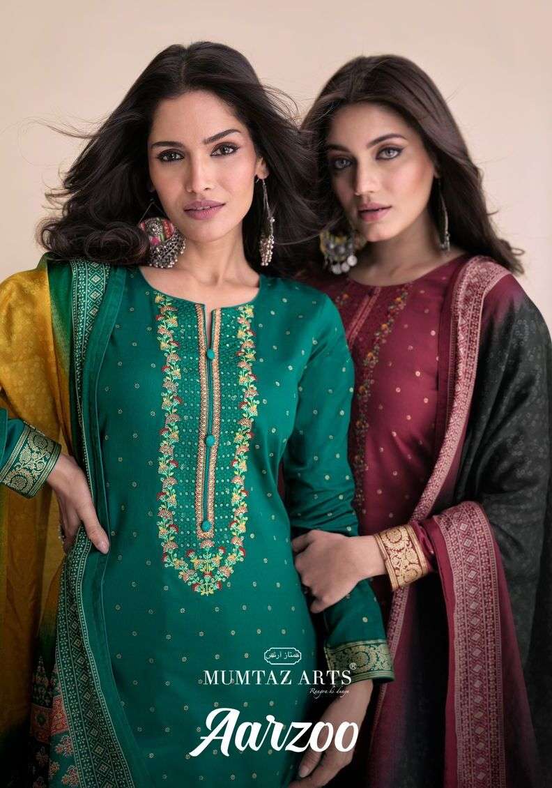 AARZOO BY MUMTAZ ARTS 6001 TO 6006 SERIES JAM SATIN PRINT EMBROIDERY DRESSES