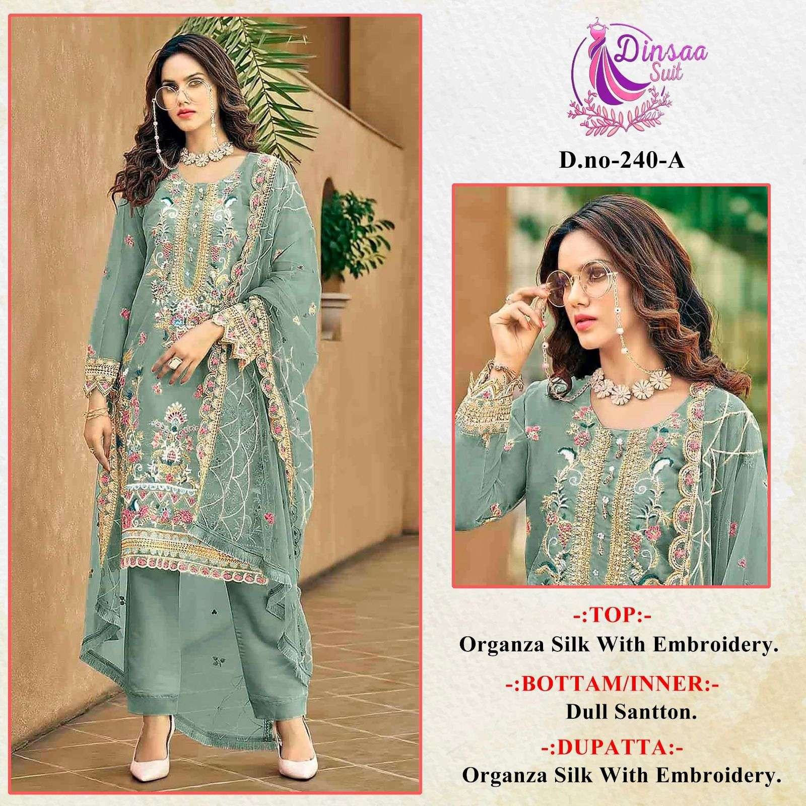 DS-240 COLOURS BY DINSAA SUIT DESIGNER ORGANZA HEAVY EMBROIDERY DRESSES