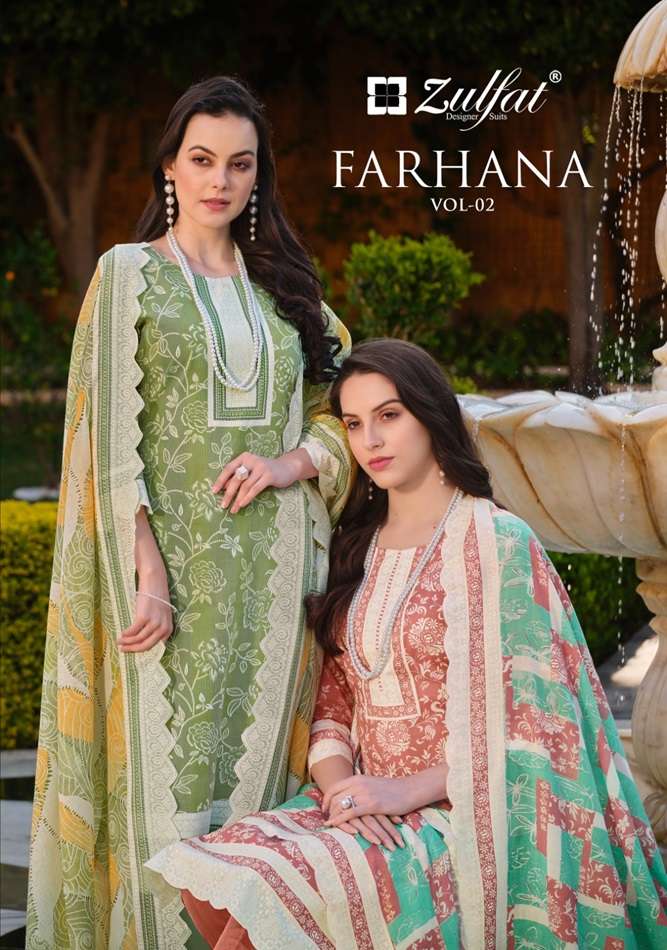 FARHANA VOL-2 BY ZULFAT 536-001 TO 536-008 SERIES DESIGNER COTTON PRINT DRESSES