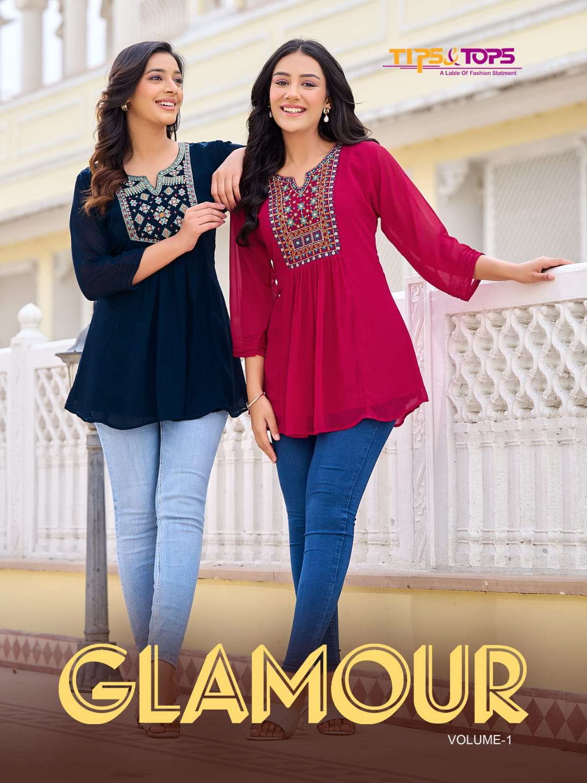 GLAMOUR VOL-01 BY TIPS & TOPS 1001 TO 1006 SERIES GEORGETTE EMBROIDERY TOPS