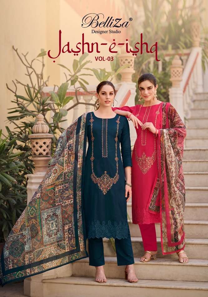 JASHN-E-ISHQ VOL-3 BY BELLIZA 890-001 TO 890-008 SERIES COTTON EMBROIDERY DRESSES