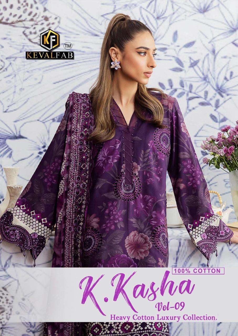 K.KASHA VOL-9 BY KEVAL FAB 9001 TO 9006 SERIES COTTON PAKISTANI DRESSES