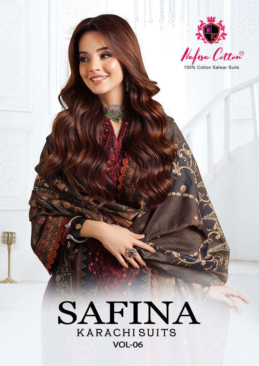 SAFINA KARACHI SUITS VOL-6 BY NAFISA COTTON 6001 TO 6006 SERIES COTTON DRESSES