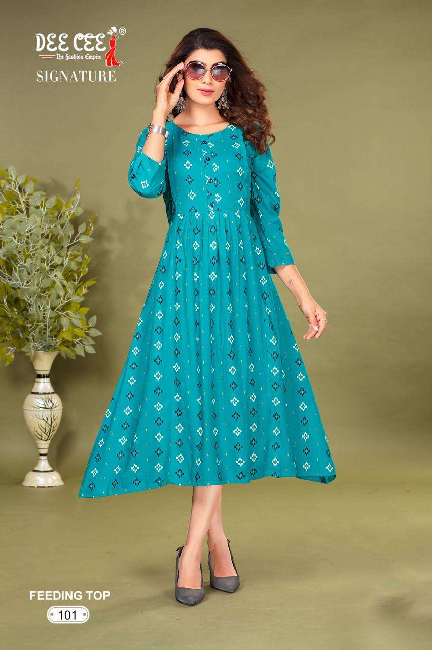 SIGNATURE BY DEE CEE 1001 TO 1006 SERIES DESIGNER RAYON PRINT FEEDING KURTIS