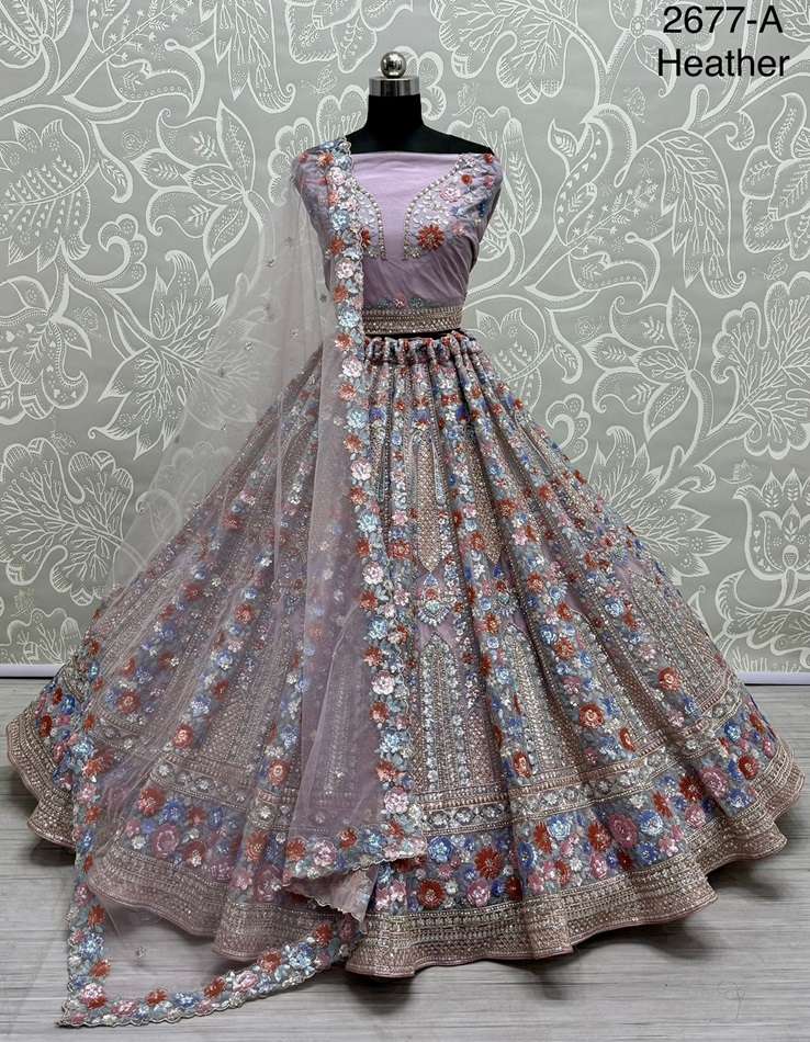 A-2677 COLOURS BY ASLIWHOLESALE HEAVY DESIGNER NET EMBROIDERY LEHENGAS