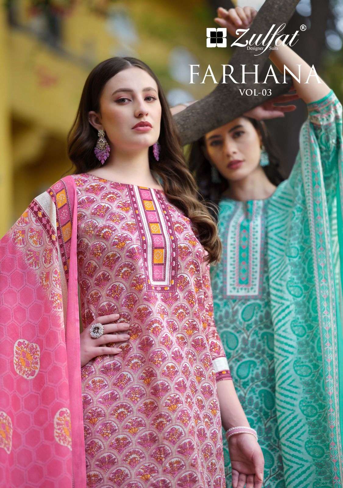 FARHANA VOL-3 BY ZULFAT 540-001 TO 540-008 SERIES DESIGNER COTTON PRINT DRESSES