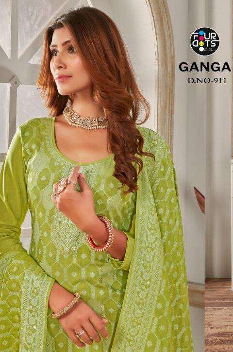 GANGA BY FOUR DOTS 911 TO 914 SERIES PURE MUSLIN JACQUARD WORK DRESSES